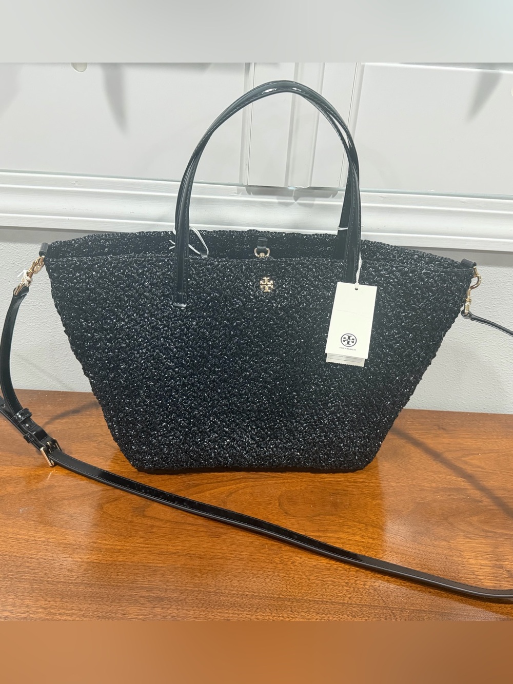 Tory Burch Black Raffia Tote with Gold Logo